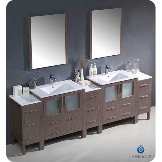 96 Gray Oak Double Sink Bathroom Vanity w/ 3 Side Cabinets & Integrated Sinks