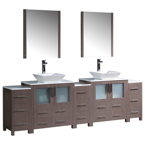 96 Gray Oak Modern Double Sink Bathroom Vanity w/ 3 Side Cabinets & Vessel Sinks