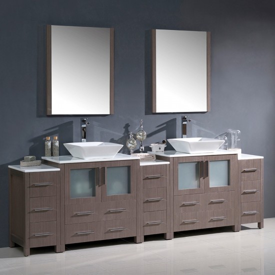 96 Gray Oak Modern Double Sink Bathroom Vanity w/ 3 Side Cabinets & Vessel Sinks