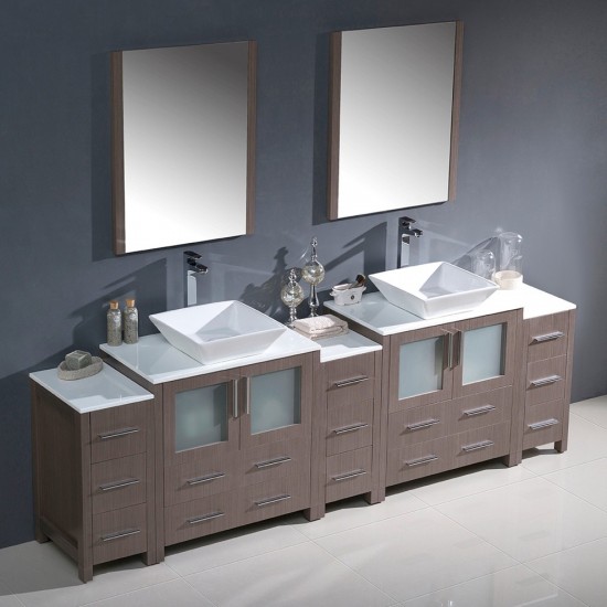 96 Gray Oak Modern Double Sink Bathroom Vanity w/ 3 Side Cabinets & Vessel Sinks