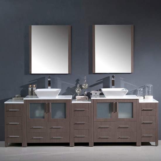 96 Gray Oak Modern Double Sink Bathroom Vanity w/ 3 Side Cabinets & Vessel Sinks