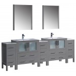 96 Gray Modern Double Sink Bathroom Vanity w/ 3 Side Cabinets & Integrated Sinks