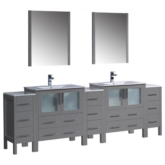 96 Gray Modern Double Sink Bathroom Vanity w/ 3 Side Cabinets & Integrated Sinks