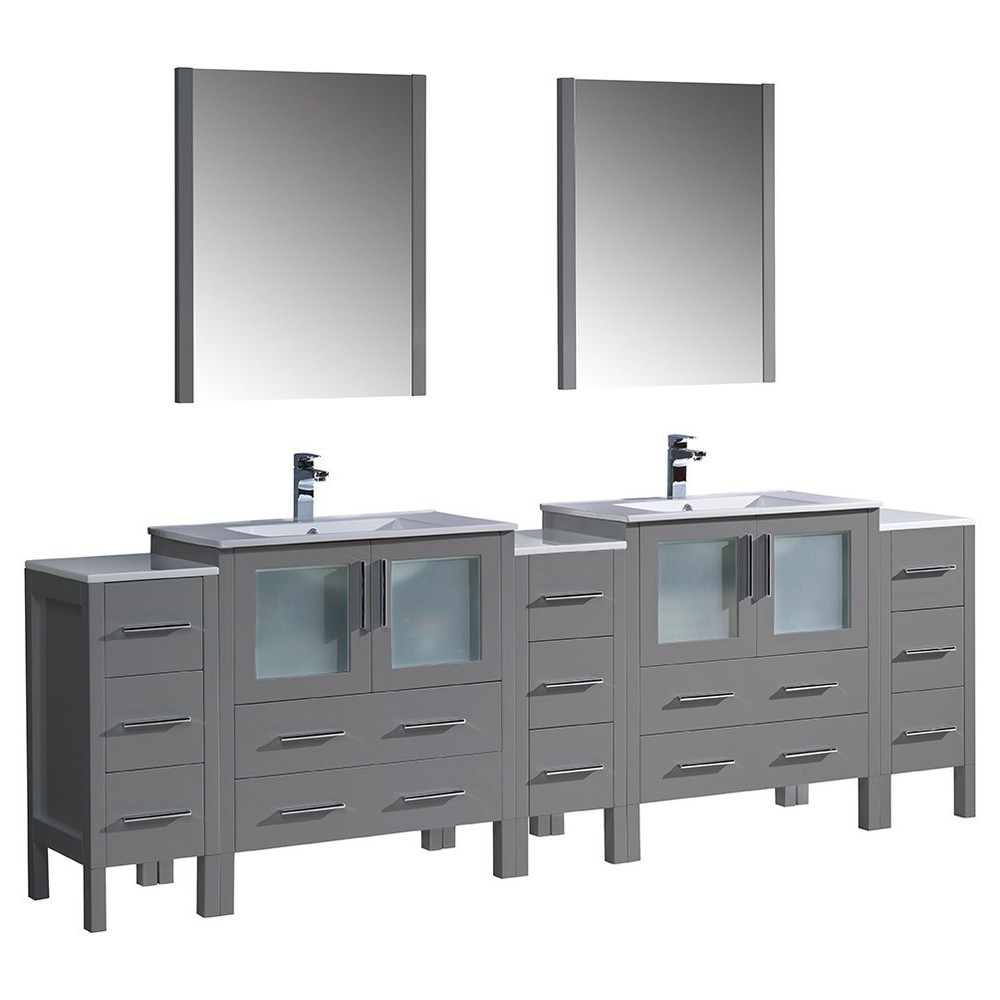 96 Gray Modern Double Sink Bathroom Vanity w/ 3 Side Cabinets & Integrated Sinks