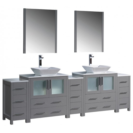 96 Gray Modern Double Sink Bathroom Vanity w/ 3 Side Cabinets & Vessel Sinks