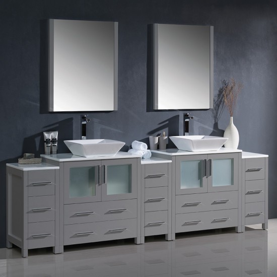 96 Gray Modern Double Sink Bathroom Vanity w/ 3 Side Cabinets & Vessel Sinks