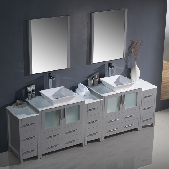 96 Gray Modern Double Sink Bathroom Vanity w/ 3 Side Cabinets & Vessel Sinks