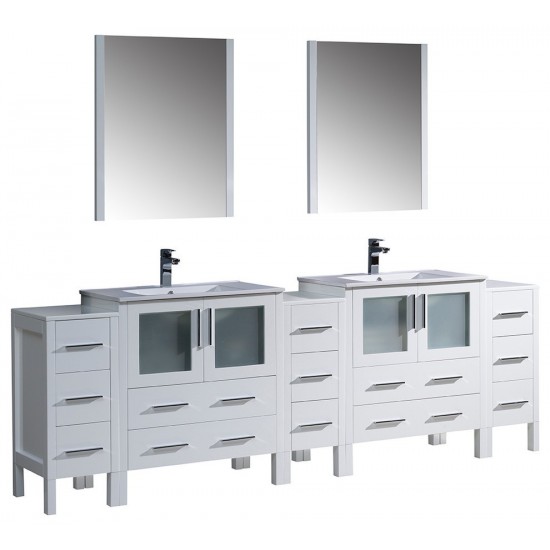 96 White Double Sink Bathroom Vanity w/ 3 Side Cabinets & Integrated Sinks