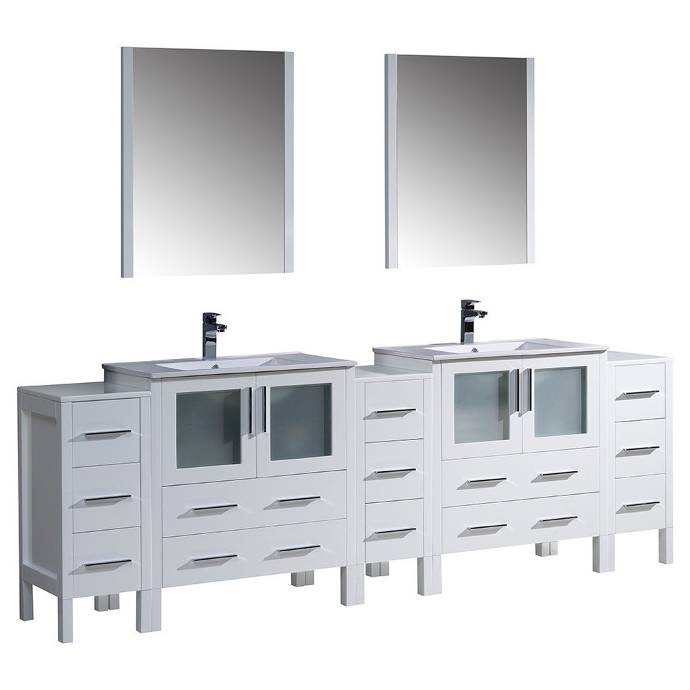 96 White Double Sink Bathroom Vanity w/ 3 Side Cabinets & Integrated Sinks