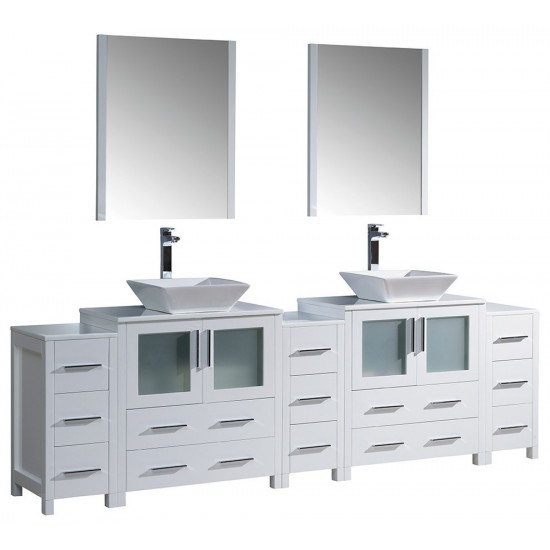 96 White Modern Double Sink Bathroom Vanity w/ 3 Side Cabinets & Vessel Sinks