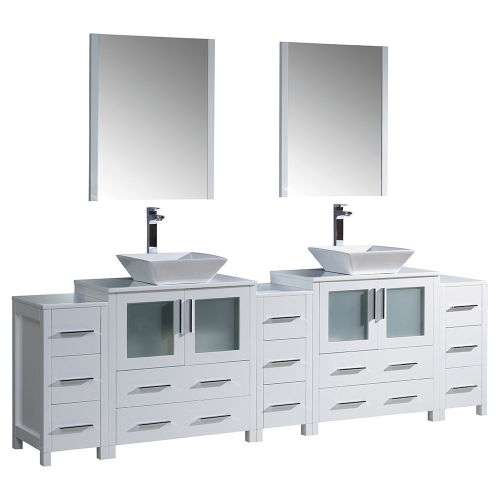 96 White Modern Double Sink Bathroom Vanity w/ 3 Side Cabinets & Vessel Sinks