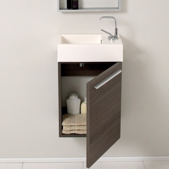 Fresca Pulito 16" Small Gray Oak Modern Bathroom Vanity w/ Tall Mirror