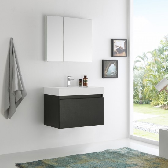 Fresca Mezzo 30" Black Wall Hung Modern Bathroom Vanity w/ Medicine Cabinet