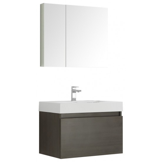 Fresca Mezzo 30" Gray Oak Wall Hung Modern Bathroom Vanity w/ Medicine Cabinet