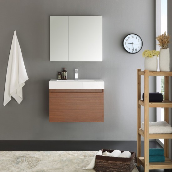 Fresca Mezzo 30" Teak Wall Hung Modern Bathroom Vanity w/ Medicine Cabinet