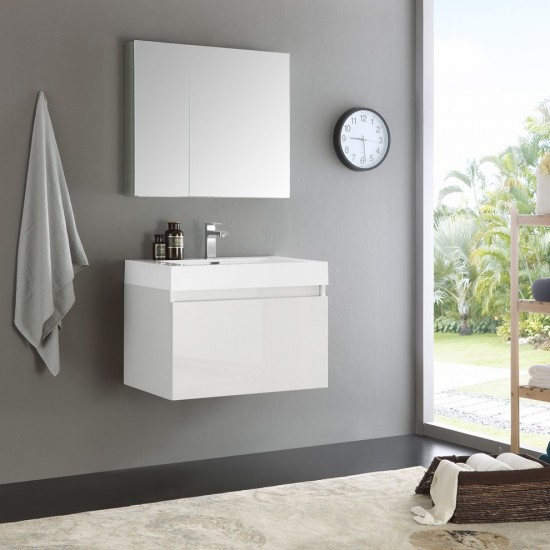 Fresca Mezzo 30" White Wall Hung Modern Bathroom Vanity w/ Medicine Cabinet