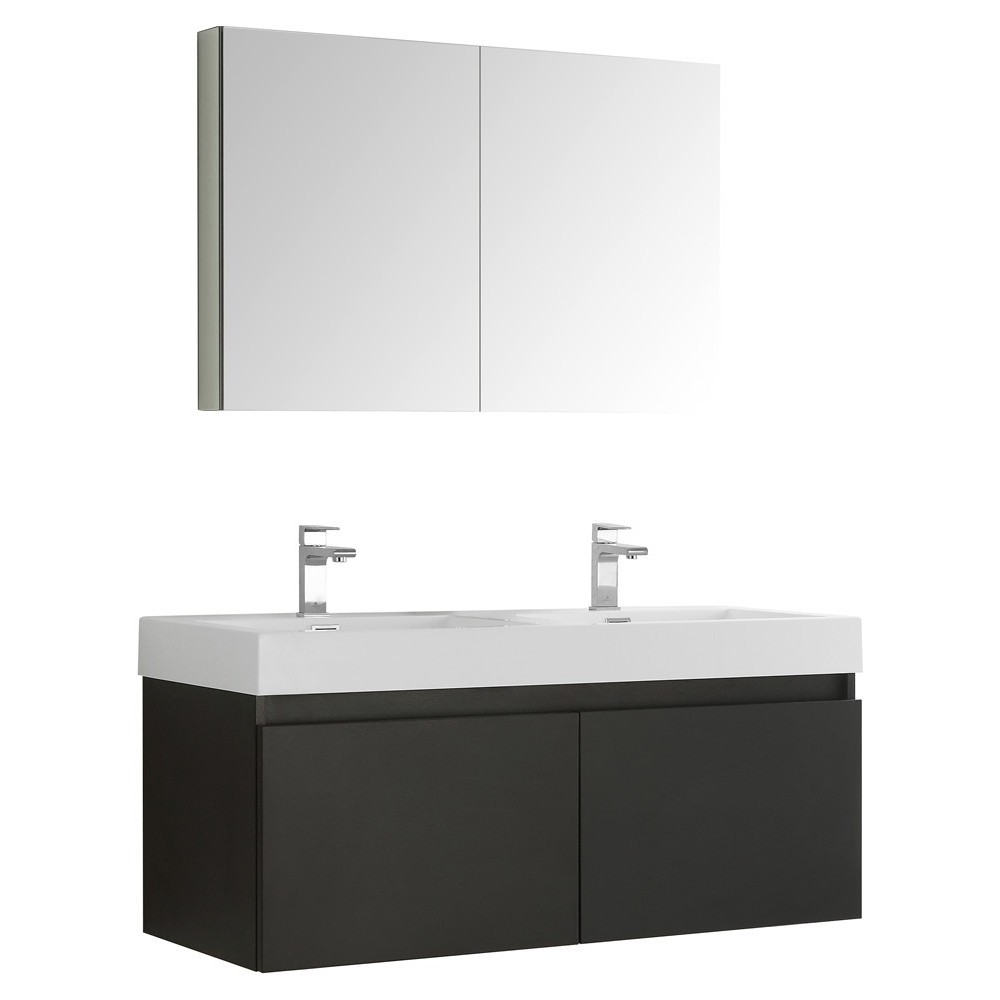 Mezzo 48" Black Wall Hung Double Sink Modern Bathroom Vanity w/ Medicine Cabinet