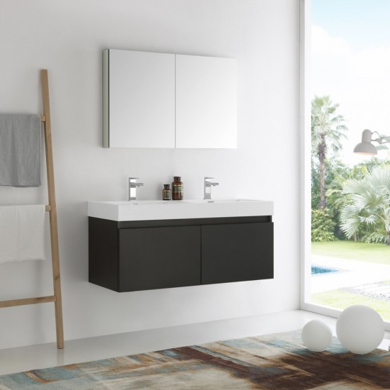 Mezzo 48" Black Wall Hung Double Sink Modern Bathroom Vanity w/ Medicine Cabinet