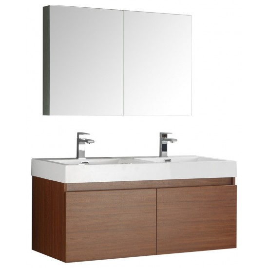 Mezzo 48" Teak Wall Hung Double Sink Modern Bathroom Vanity w/ Medicine Cabinet