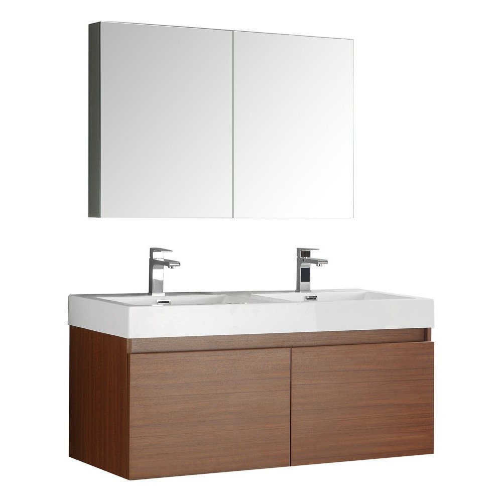 Mezzo 48" Teak Wall Hung Double Sink Modern Bathroom Vanity w/ Medicine Cabinet