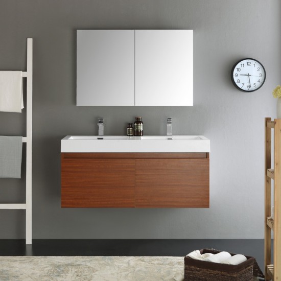 Mezzo 48" Teak Wall Hung Double Sink Modern Bathroom Vanity w/ Medicine Cabinet