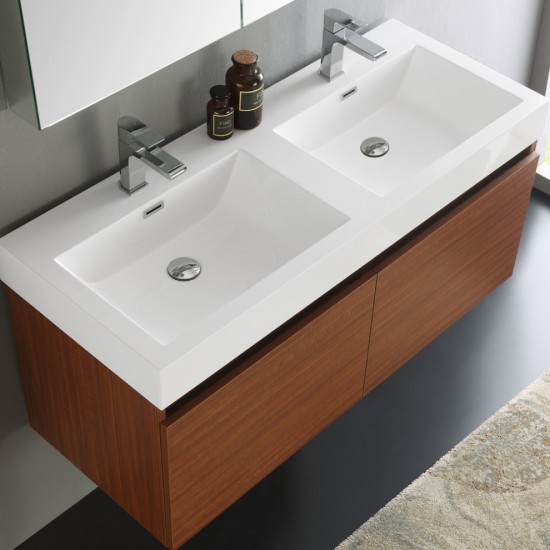 Mezzo 48" Teak Wall Hung Double Sink Modern Bathroom Vanity w/ Medicine Cabinet