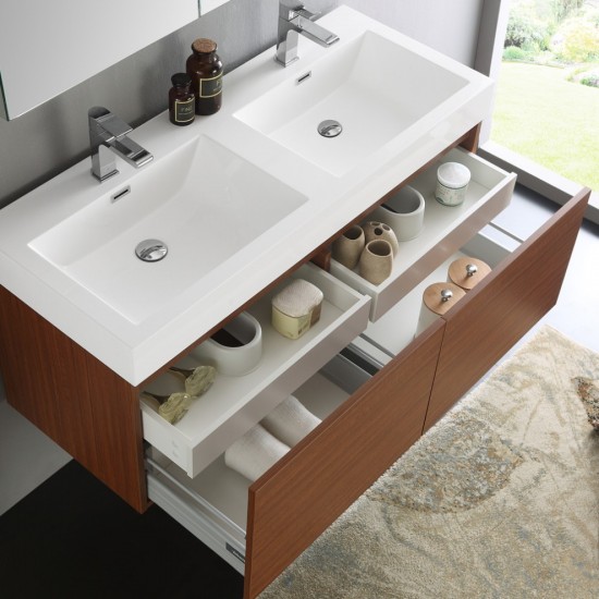 Mezzo 48" Teak Wall Hung Double Sink Modern Bathroom Vanity w/ Medicine Cabinet