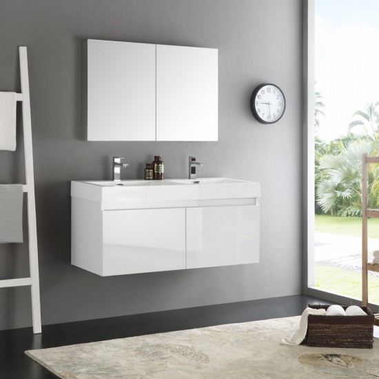 Mezzo 48" White Wall Hung Double Sink Modern Bathroom Vanity w/ Medicine Cabinet