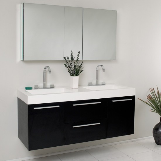 Fresca Opulento 54" Black Modern Double Sink Bathroom Vanity w/ Medicine Cabinet