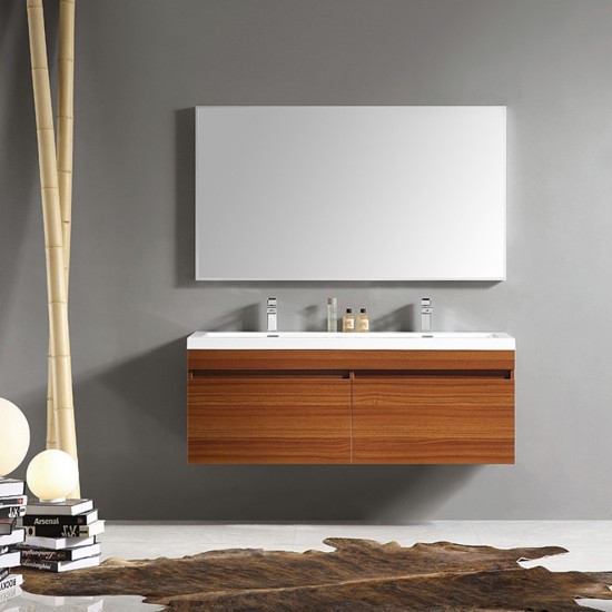 Fresca Largo 57" Teak Modern Bathroom Vanity w/ Wavy Double Sinks