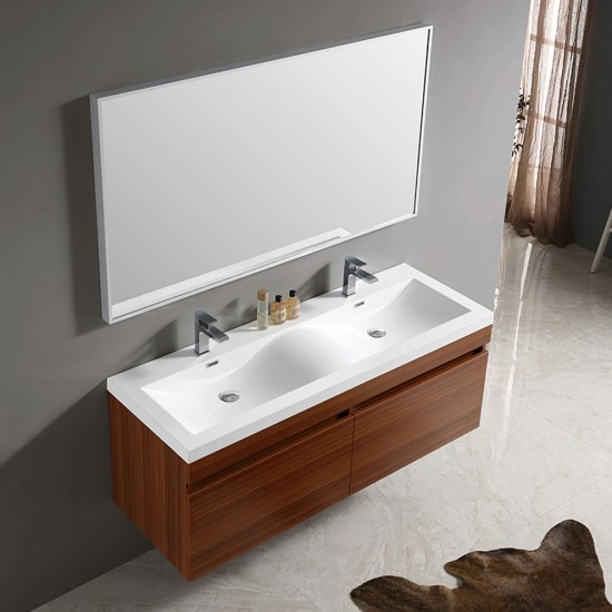 Fresca Largo 57" Teak Modern Bathroom Vanity w/ Wavy Double Sinks