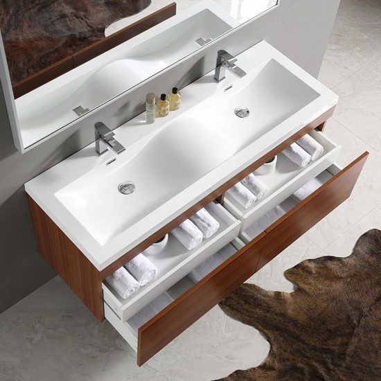 Fresca Largo 57" Teak Modern Bathroom Vanity w/ Wavy Double Sinks