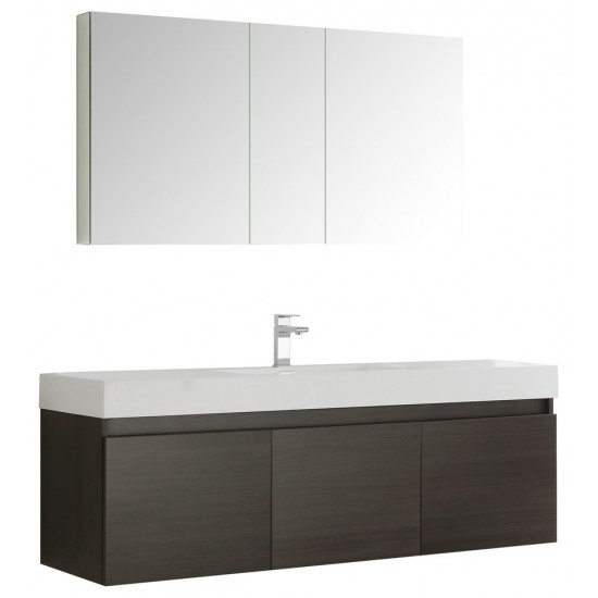 Mezzo 60 Gray Wall Hung Single Sink Modern Bathroom Vanity w/ Medicine Cabinet