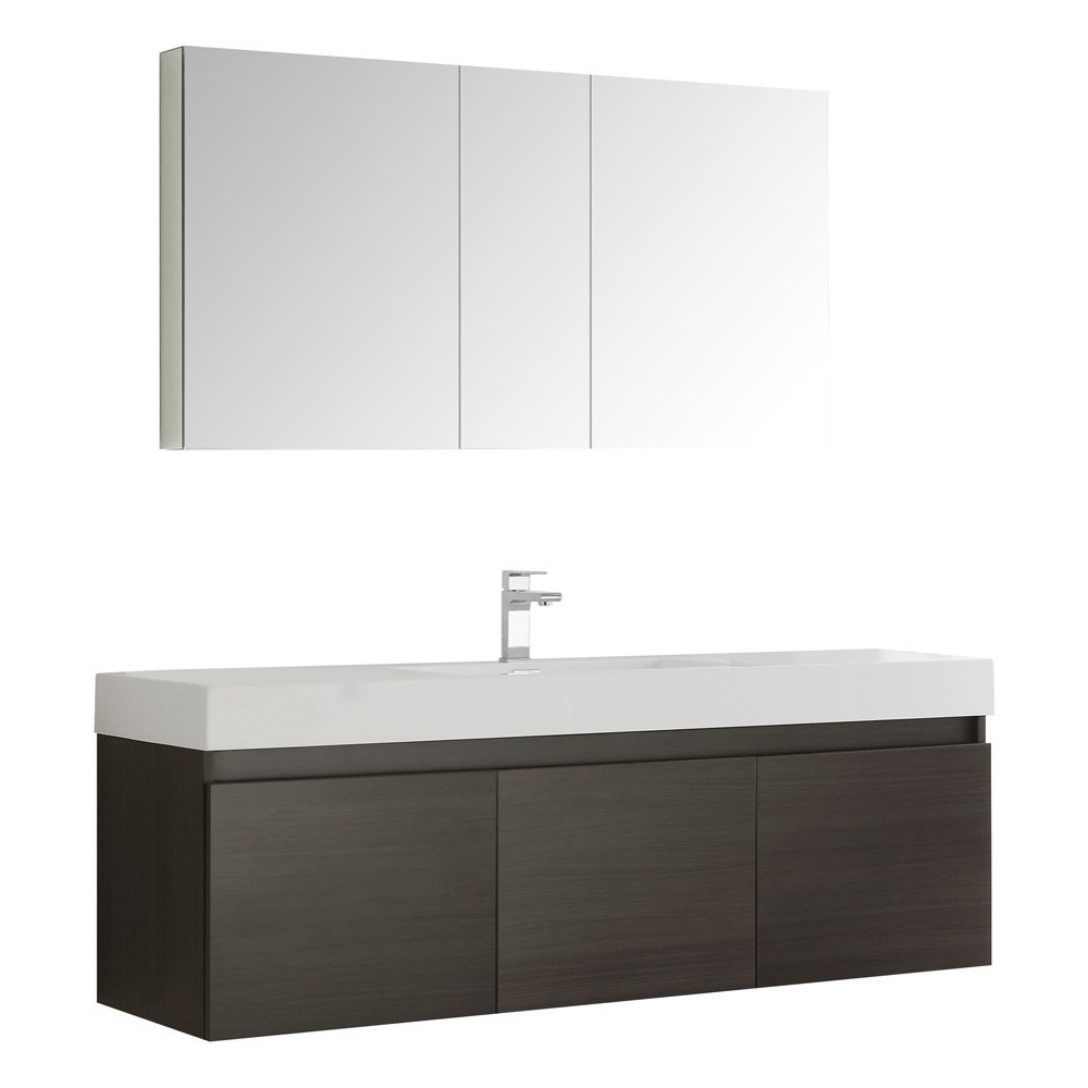 Mezzo 60 Gray Wall Hung Single Sink Modern Bathroom Vanity w/ Medicine Cabinet