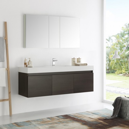 Mezzo 60 Gray Wall Hung Single Sink Modern Bathroom Vanity w/ Medicine Cabinet