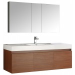 Mezzo 60" Teak Wall Hung Single Sink Modern Bathroom Vanity w/ Medicine Cabinet