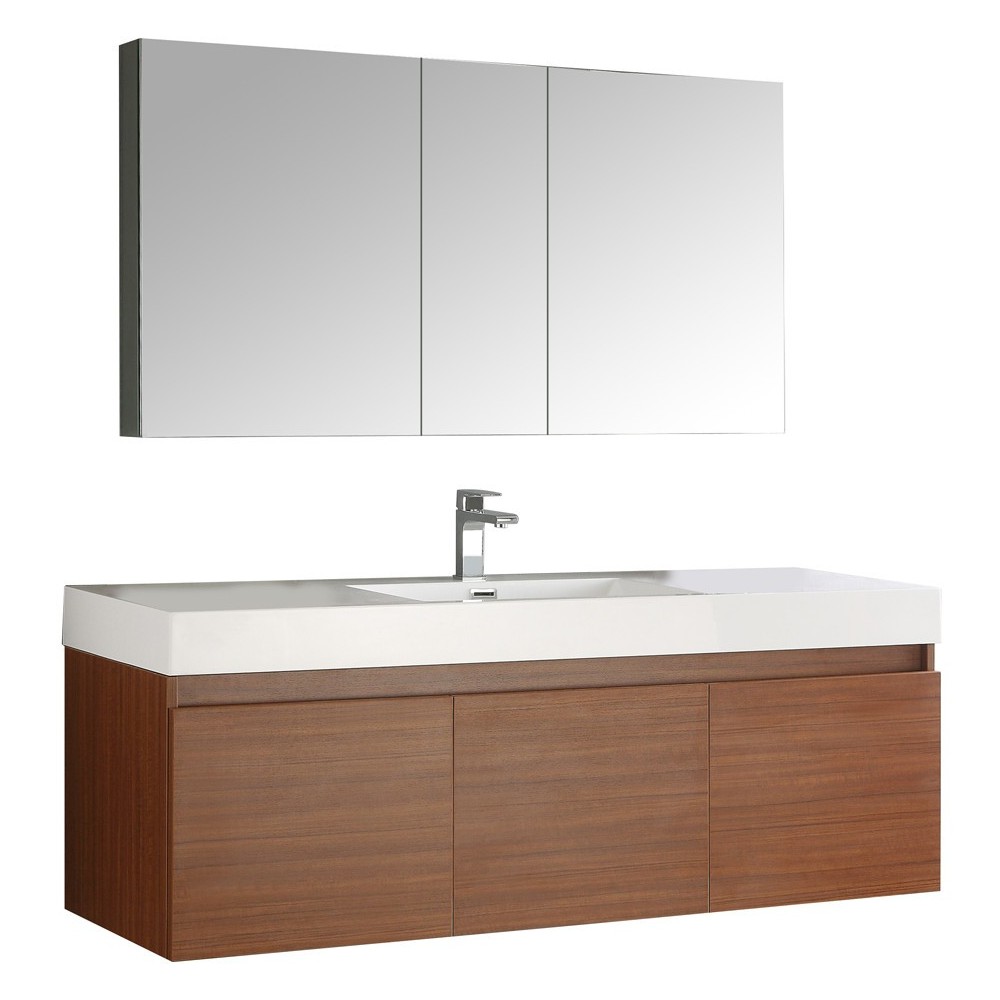 Mezzo 60" Teak Wall Hung Single Sink Modern Bathroom Vanity w/ Medicine Cabinet