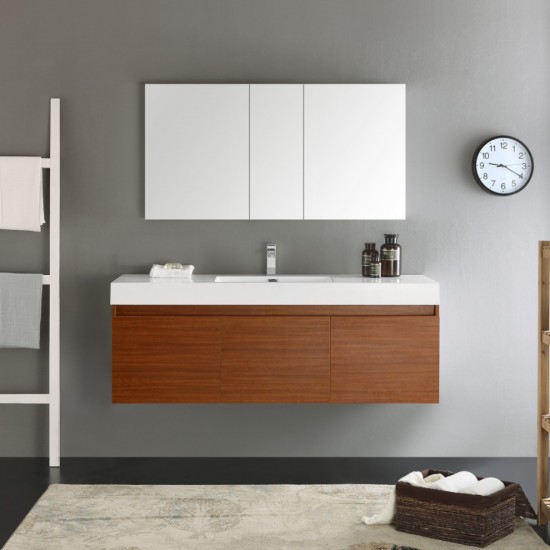 Mezzo 60" Teak Wall Hung Single Sink Modern Bathroom Vanity w/ Medicine Cabinet