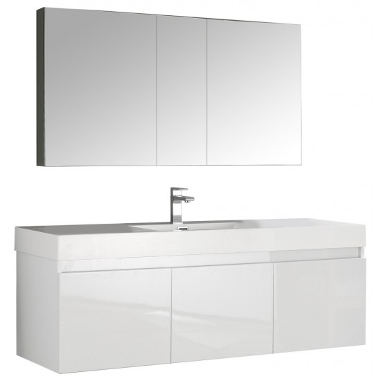 Mezzo 60" White Wall Hung Single Sink Modern Bathroom Vanity w/ Medicine Cabinet