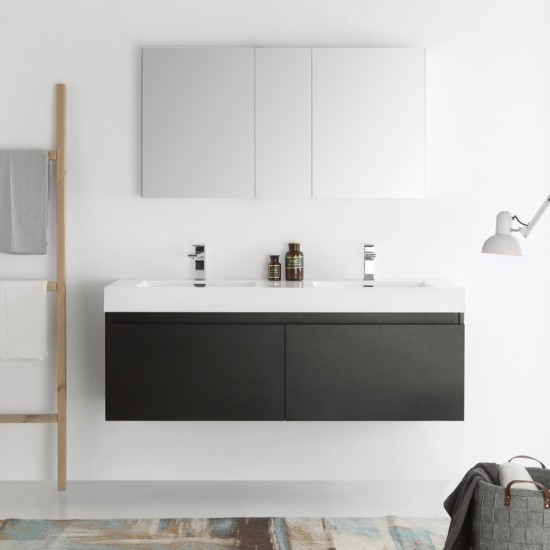 Mezzo 60" Black Wall Hung Double Sink Modern Bathroom Vanity w/ Medicine Cabinet