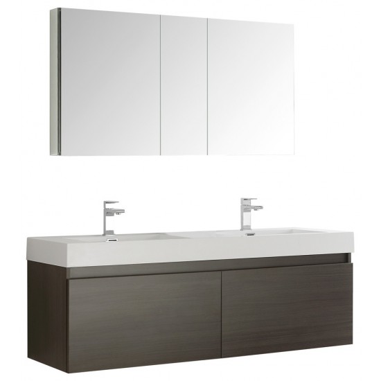 Mezzo 60 Gray Wall Hung Double Sink Modern Bathroom Vanity w/ Medicine Cabinet