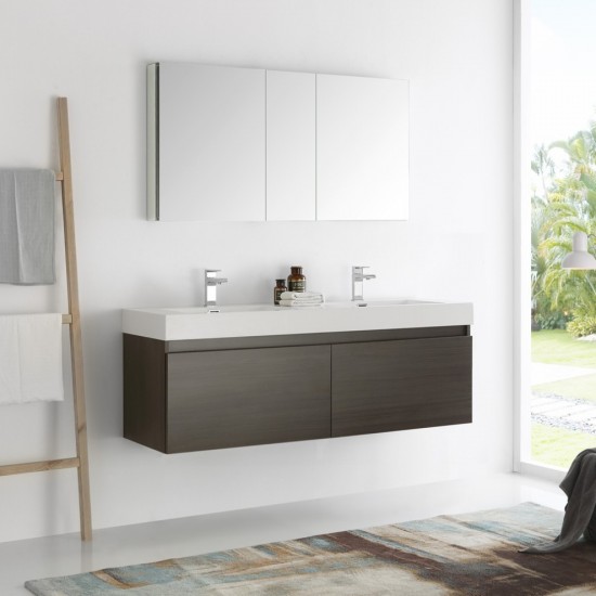 Mezzo 60 Gray Wall Hung Double Sink Modern Bathroom Vanity w/ Medicine Cabinet