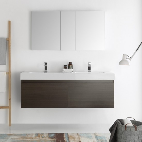 Mezzo 60 Gray Wall Hung Double Sink Modern Bathroom Vanity w/ Medicine Cabinet