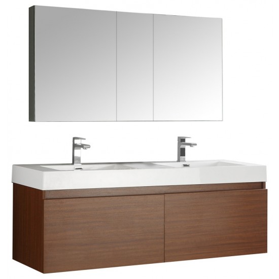 Mezzo 60" Teak Wall Hung Double Sink Modern Bathroom Vanity w/ Medicine Cabinet