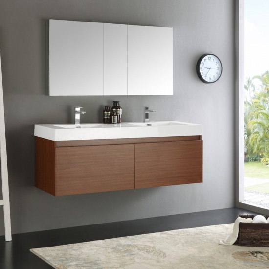 Mezzo 60" Teak Wall Hung Double Sink Modern Bathroom Vanity w/ Medicine Cabinet