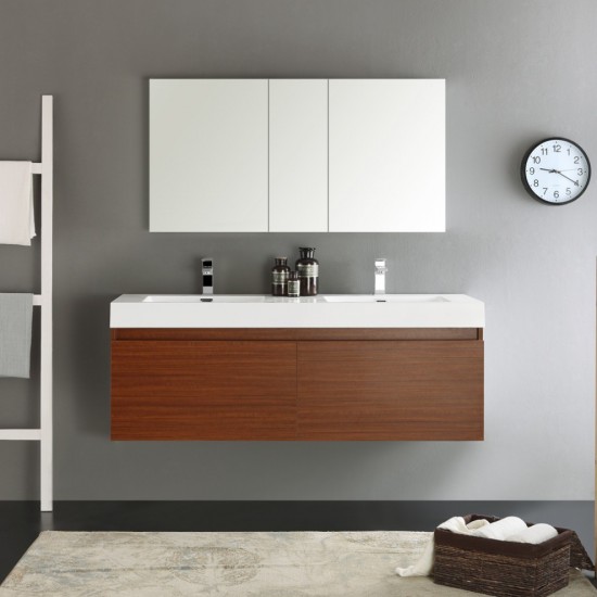 Mezzo 60" Teak Wall Hung Double Sink Modern Bathroom Vanity w/ Medicine Cabinet