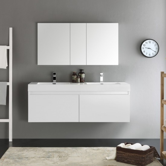 Mezzo 60" White Wall Hung Double Sink Modern Bathroom Vanity w/ Medicine Cabinet