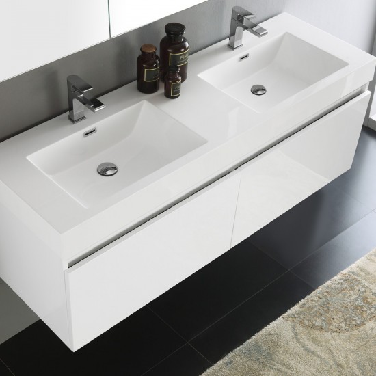 Mezzo 60" White Wall Hung Double Sink Modern Bathroom Vanity w/ Medicine Cabinet