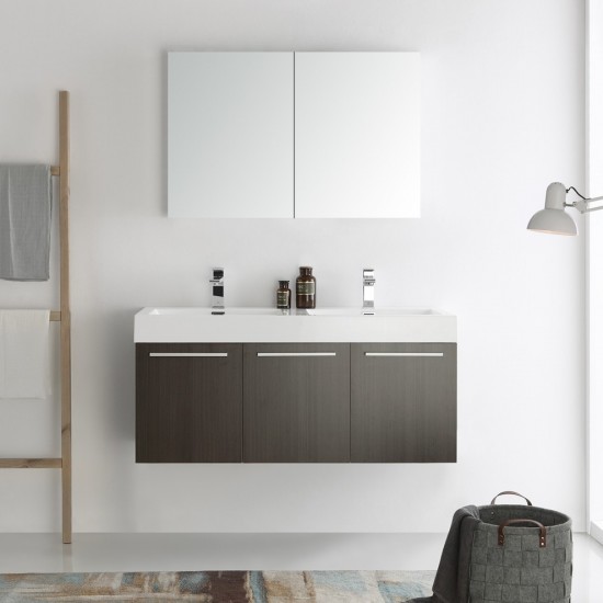 Vista 48 Gray Wall Hung Double Sink Modern Bathroom Vanity w/ Medicine Cabinet