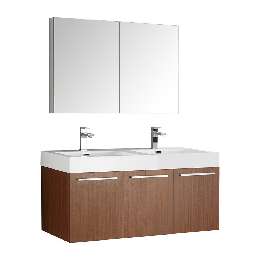 Vista 48" Teak Wall Hung Double Sink Modern Bathroom Vanity w/ Medicine Cabinet